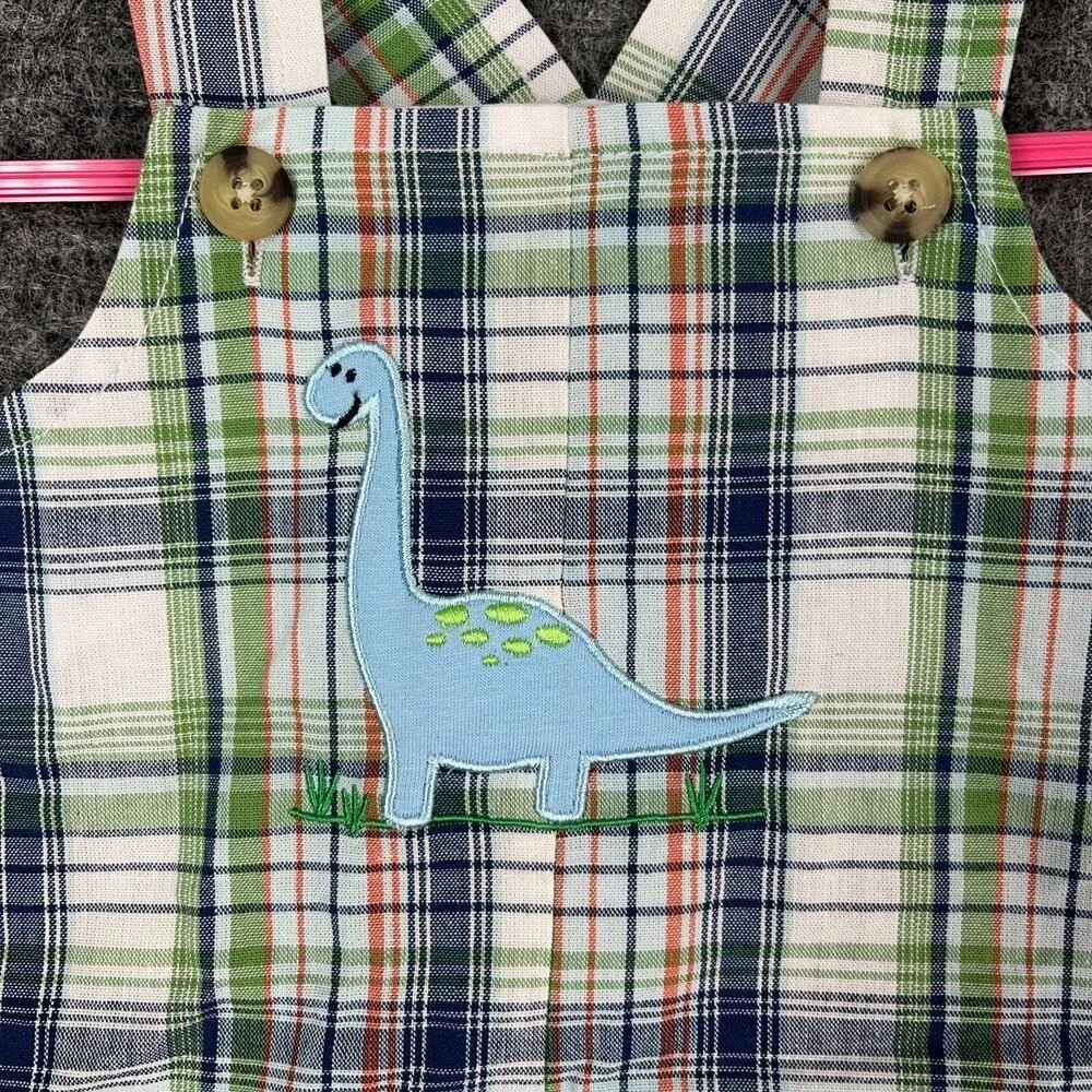 Goodlad Overalls Baby 3/6 Months Shorts Plaid Dinosaur‎ Brontosaurus Green